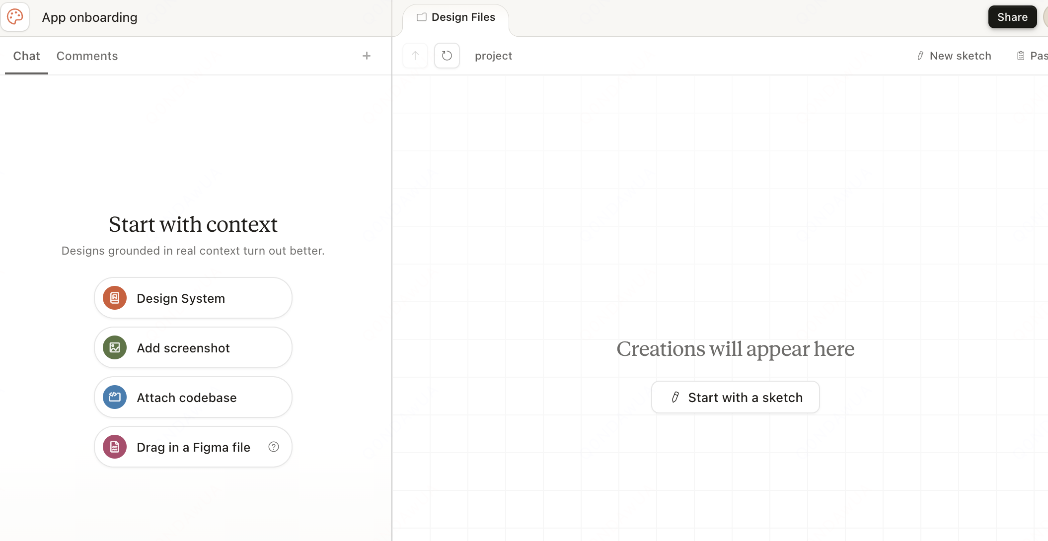 Claude Design project screen with the empty canvas and four context options: Design System, Add screenshot, Attach codebase and Drag in a Figma file