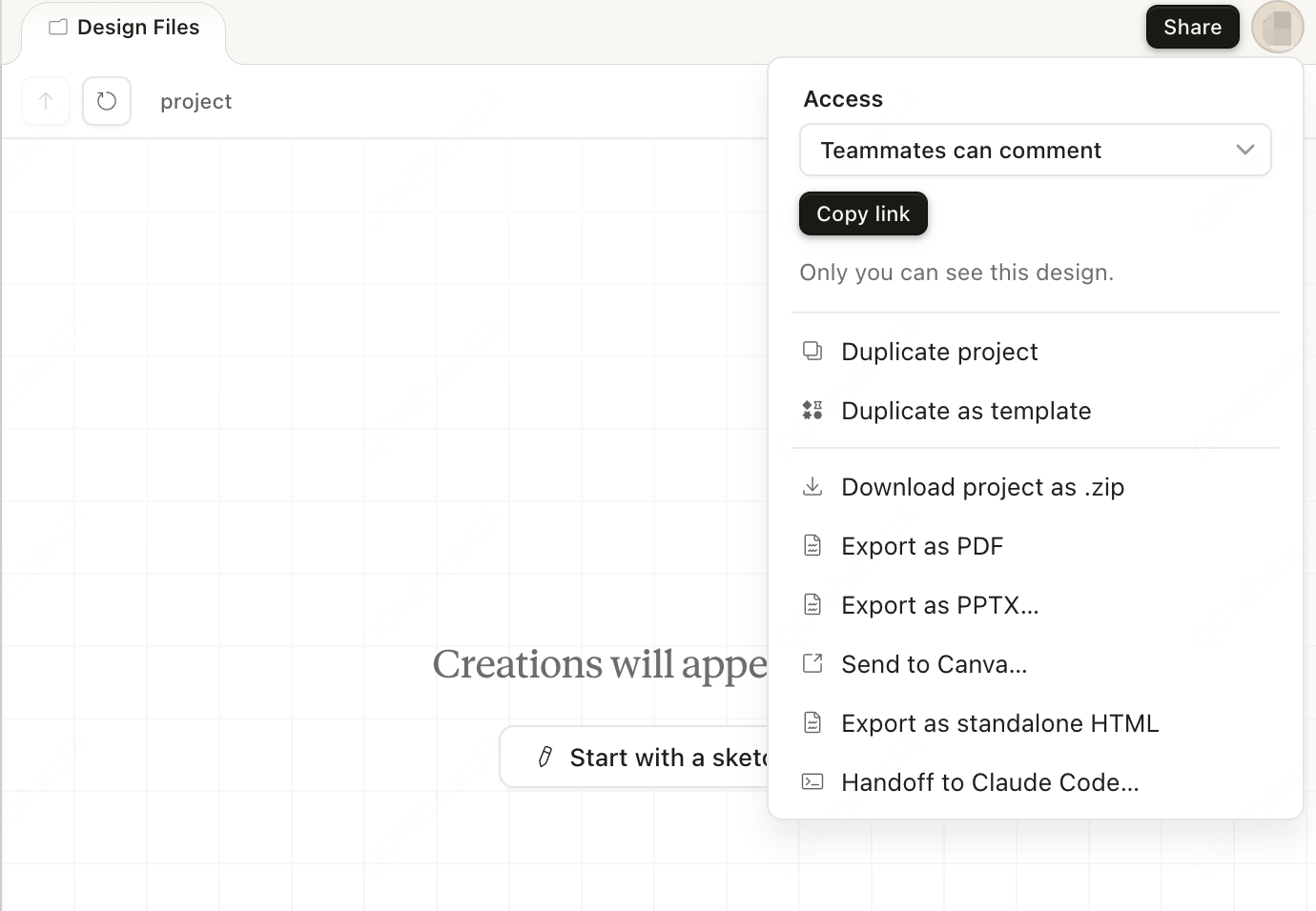 Share and export menu in Claude Design with options to download as ZIP, export as PDF or PPTX, send to Canva, export as standalone HTML and handoff to Claude Code
